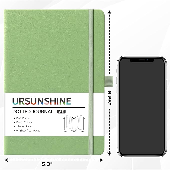 Dotted Journal/Notebook - Dot Grid Hard Cover Notebook, Premium Thick Paper with Fine Inner Pocket, Black Smooth Faux Leather, Pen Loop, 5.3'' x 8.26'' - Light Green