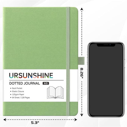 Dotted Journal/Notebook - Dot Grid Hard Cover Notebook, Premium Thick Paper with Fine Inner Pocket, Black Smooth Faux Leather, Pen Loop, 5.3'' x 8.26'' - Light Green