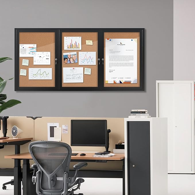 70"x34" Enclosed Bulletin Board, Outdoor Lockable Weather-Resistant Aluminum Cork Noticeboard for School & Office, Black Frame w/Cork