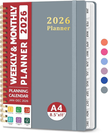2026 Planner, Weekly and Monthly Calendar Planner, January 2026 - December 2026, Hardcover 2026 Calendar Planner Book with Tabs For Women & Men, Inner Pocket, Spiral Bound, Perfect for Office Home School Supplies - A4 (8.5" x 11"), Stone Gray