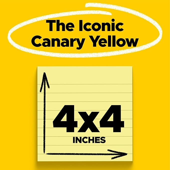 Post-it Super Sticky Lined Notes, 6 Sticky Note Pads, 4 x 4 in., School Supplies, Office Products, Sticky Notes for Vertical Surfaces, Monitors, Walls and Windows, Canary Yellow