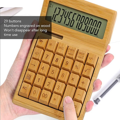 Zopsc Bamboo Calculator, Wooden Solar Calculators with 12 Bit Digital LCD Screen, Basic Standard Function Desk Calculators with 29 Big Buttons for Office Home School Store