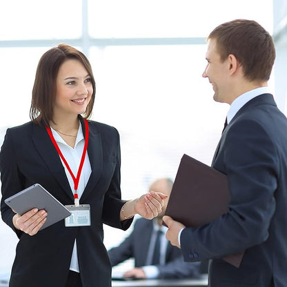 100Pcs Clear Plastic Horizontal Name Tags Badge ID Card Holders and 100Pcs Lanyards with Clip (Red)