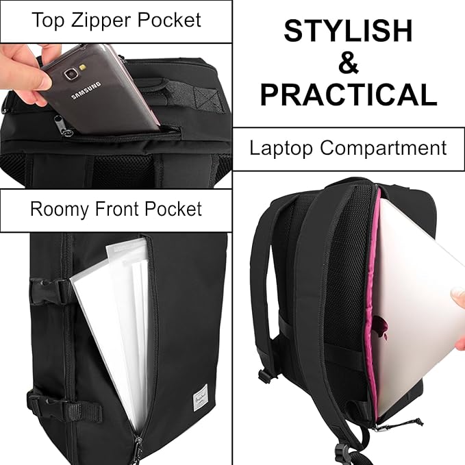 New Business Trip Backpack 21L Flight Approved Carry on Daypack 15-inch Laptop Notebook, Travel Commute Gym Sport, All Black