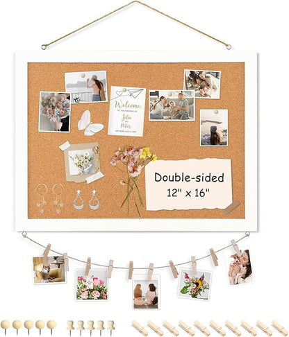 Double-Sided Cork Board for Wall, 16" x 12" Hanging Wood Framed Small Bulletin Board, Picture Display Vision Board Corkboards for Wall Room School Office Decor, 20 Pushpins (Vintage White)