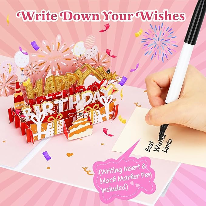 Elegant 3D Pop-Up Birthday Card with LED Lights – Blowable Candle & Music Greeting Card for Women, Mom, Daughter Pink Gold