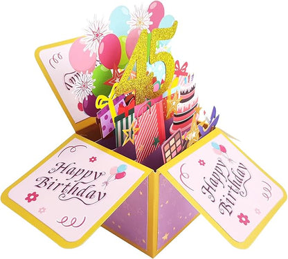 Asmallgf 45th Birthday Pop Up Card Idea, Printed on Recyclable 300gsm Linen Cardstock, Size 3.1x3.1x7.1 Inches, Includes Envelope and Note