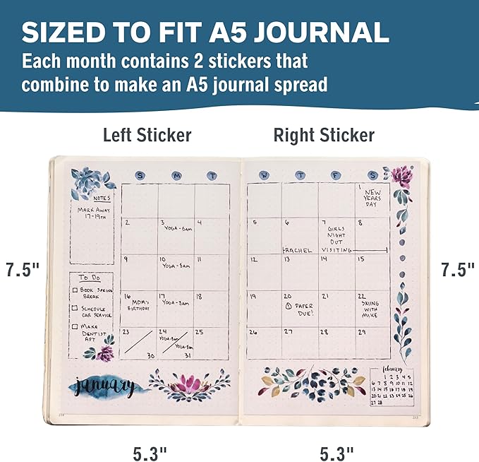 Undated Monthly Calendar Planner Stickers Compatible with A5 Bullet Dot Grid Journals (5.3 x 7.7") - 12-Month Calendars Cute Floral Illustrations, Flower Journal Supplies, Templates, Agenda Layouts