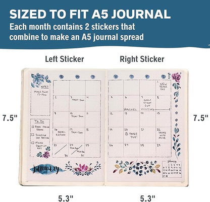 Undated Monthly Calendar Planner Stickers Compatible with A5 Bullet Dot Grid Journals (5.3 x 7.7") - 12-Month Calendars Cute Floral Illustrations, Flower Journal Supplies, Templates, Agenda Layouts