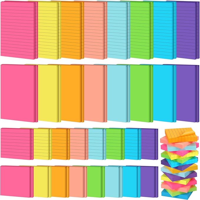 Yexiya 64 Pcs Lined Sticky Notes Self Stick Notes with Lines Bright Assorted Colors Sticky Pad for Home Office Products Post Memos, 1920 Sheets(4 x 6 Inch, 3 x 3 Inch,Multi Color)