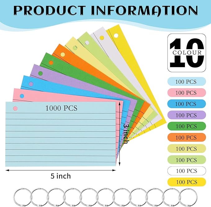 1000 PCS Index Cards 3x5 Inches Colored Flash Cards with Ring, Punched Lined Flashcards Ruled Index Cards Notecards Study Cards Heavy Note Cards for Studying, Learning, School, College, Memory