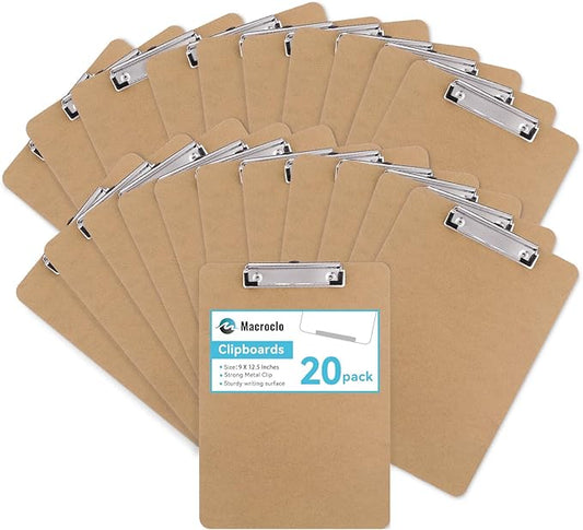 Wood Clipboards Set of 20, Letter Size Hardboard Clip Board 8.5x11 for Classroom, Students, Kid, A4 Standard Size 9" x 12.5" with Low Profile Clip, Office & School Supply