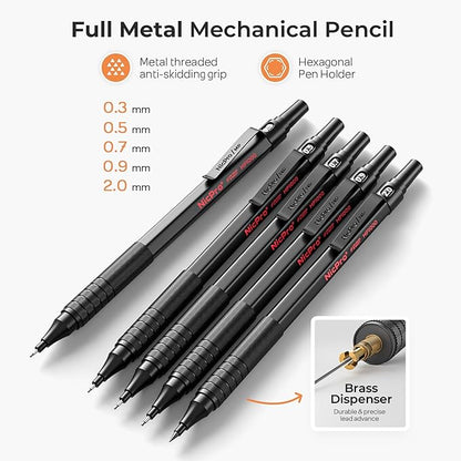 Nicpro Black Art Mechanical Pencil Set, 5PCS Metal Drafting Pencils 0.3, 0.5, 0.7, 0.9 mm & 2mm Graphite Lead Holder For Sketching Drawing With 9 Tubes (4B 2B HB 2H Colors) Lead Refills Erasers Case