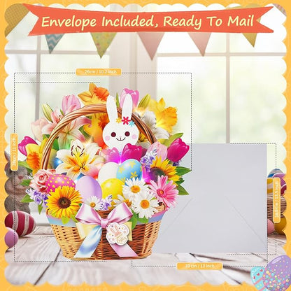 3D Pop Up Easter Flower Basket Card with Music & Lights – Bunny, Eggs, Lily, Tulip, Daisy Bouquet – Envelope Included – Easter Gift & Decoration