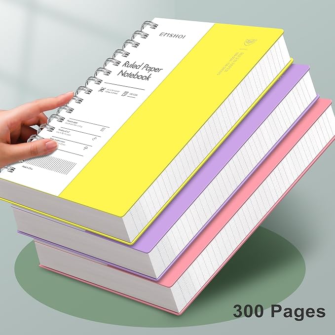 EMSHOI A5 Spiral Notebook College Ruled Lined Journal, Small 5.7" X 8.22", 300 Pages/150 Sheets, 100gsm Thick Paper, Waterproof Hardcover, for Office School Women Men Work Writing Notes-Yellow