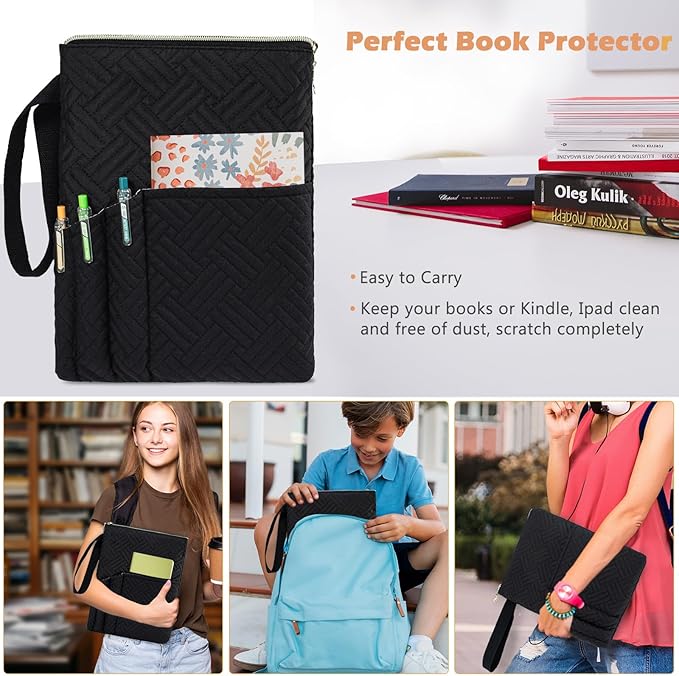 Book Sleeve with Zipper, 11"X9" Padded Book Protector, Washable Quilted Book Covers for Paperbacks, Book Pouch with Pockets for Book Lover Gifts