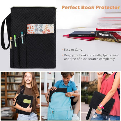 Book Sleeve with Zipper, 11"X9" Padded Book Protector, Washable Quilted Book Covers for Paperbacks, Book Pouch with Pockets for Book Lover Gifts