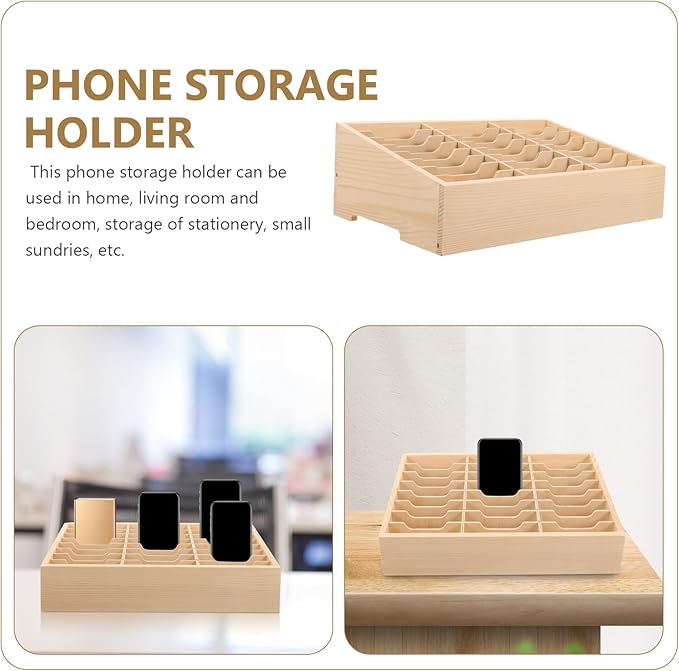 Toddmomy Cell Phone Storage Box 24-grid Wooden Cell Phone Holder Desktop Organizer Storage Box for Classroom Office