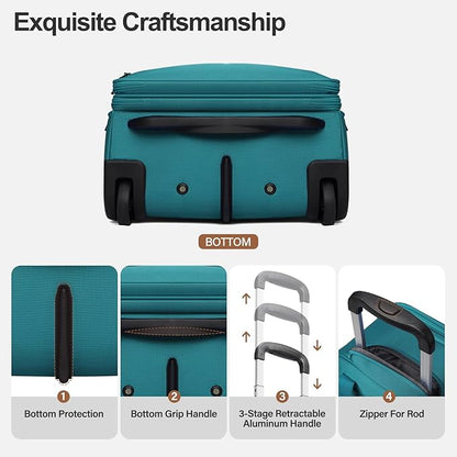 Personal Item 16-Inch Underseat Carry on Luggage With Wheels Lightweight Wheeled Underseater under seat bags for airplanes Upright 2 Wheel Teal Green