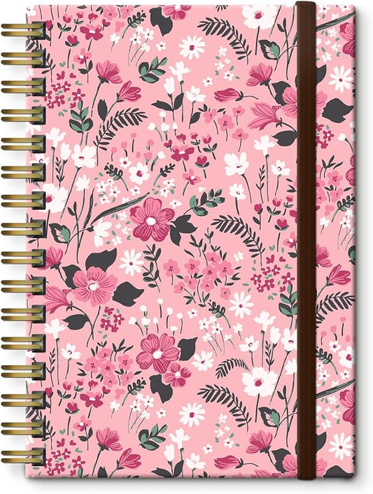 Spiral Journal Notebook, A5 Cute Notebooks for Women Men, College Ruled Hardcover Notebook for Work & Note Taking, 60 Pages Double-Wire Journals for Writing Pink Boho Flowers