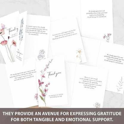 AUDREE 20 Pcs Funeral Thank You Cards with Envelopes Message Inside and Matching Stickers - Bulk 4×6 Watercolor Single Flowers Bereavement Thank You Cards For Funeral