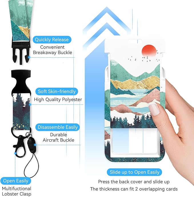 Mountain Badge Holder with Retractable Reel and Breakaway Lanyard，Badge Clips Retractable Heavy Duty Badge Reel，Keychain，ID Holder with Breakaway Lanyard for School Nurse Office