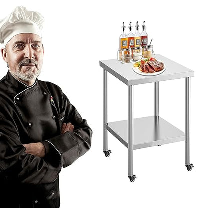 Stainless Steel Table for Prep & Work with Wheels 24 x 24 Inches, NSF Commercial Heavy Duty Food Prep Worktable with Undershelf for Restaurant, Home and Hotel Christmas Preparation Table