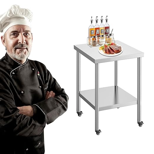 Stainless Steel Table for Prep & Work with Wheels 24 x 24 Inches, NSF Commercial Heavy Duty Food Prep Worktable with Undershelf for Restaurant, Home and Hotel Christmas Preparation Table