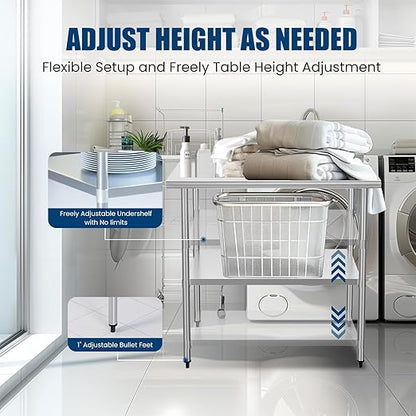 Stainless Steel Table 24 x 36 Inches Metal Prep Table with Backsplash & Adjustable Undershelf for Commercial Kitchen, Outdoor, Restaurant, Hotel & Garage