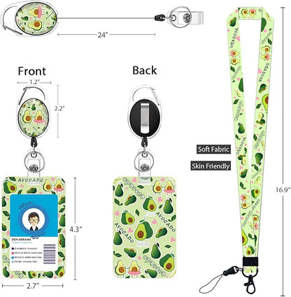 Cute Avocado Badge Reels Retractable with Carabiner Reel Clip, ID Badge Holder Case with Detachable Lanyard Keychain, Nurse Doctor Office School Teacher Name Credit Card Pocket
