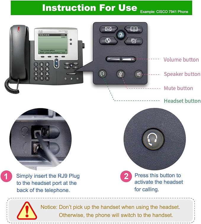 Volume and Mute Switch Headphone Office Binaural Headset with Microphone RJ9 Plug Only for Cisco IP Phones 794X 796X 797X 69XX Series and 8811,8841,8851,8861,8941,8945,8961,9951,9971 etc