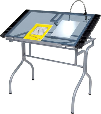 Studio Designs Folding Modern Glass Top Adjustable Drafting Table Craft Table Drawing Desk Hobby Table Writing Desk Studio Desk, 35.25" W x 23.75" D, Silver / Blue Glass