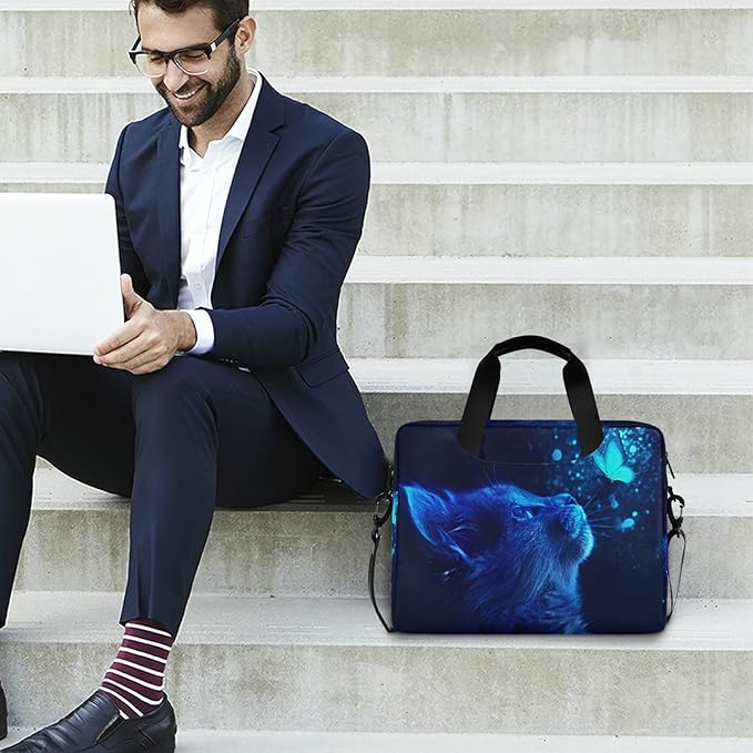 Cat Butterfly Light Blue Laptop Messenger Bag Case Sleeve Briefcase for Men Women