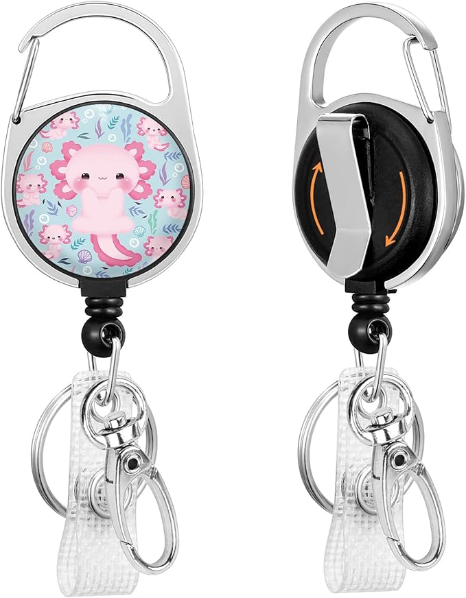 Gctriki Axolotl Badge Reel Retractable Heavy Duty with 360° Swivel Carabiner Clip, Work ID Badge Holder Retractable Clip, Cute Students Nurse Teacher ID Card Holder Badge Keychain Accessories