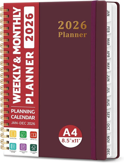 2026 Planner, Weekly and Monthly Calendar Planner, January 2026 - December 2026, Hardcover 2026 Calendar Planner Book with Tabs For Women & Men, Inner Pocket, Spiral Bound, Perfect for Office Home School Supplies - A4 (8.5" x 11"), Burgundy