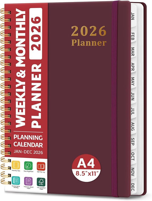 2026 Planner, Weekly and Monthly Calendar Planner, January 2026 - December 2026, Hardcover 2026 Calendar Planner Book with Tabs For Women & Men, Inner Pocket, Spiral Bound, Perfect for Office Home School Supplies - A4 (8.5" x 11"), Burgundy