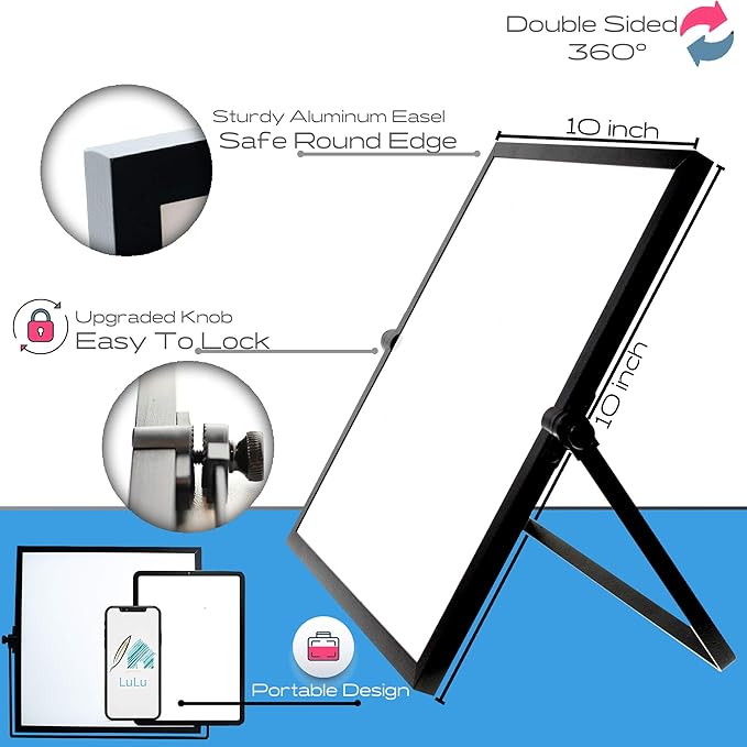 Small Dry Erase White Board 10"X10"- Desktop Whiteboard Black Frame with Stand, 3 Markers, 4 Magnets & Eraser - Double-Sided Portable Mini to Do List White Board for Office Desk, Kids Home School