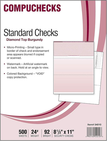 Compuchecks Check on Top Blank Check Paper - 500 Pack, Quick-Books & Laser Printer Compatible - Security Business Checks with Voucher - 8.5" x 11" Burgundy Diamond