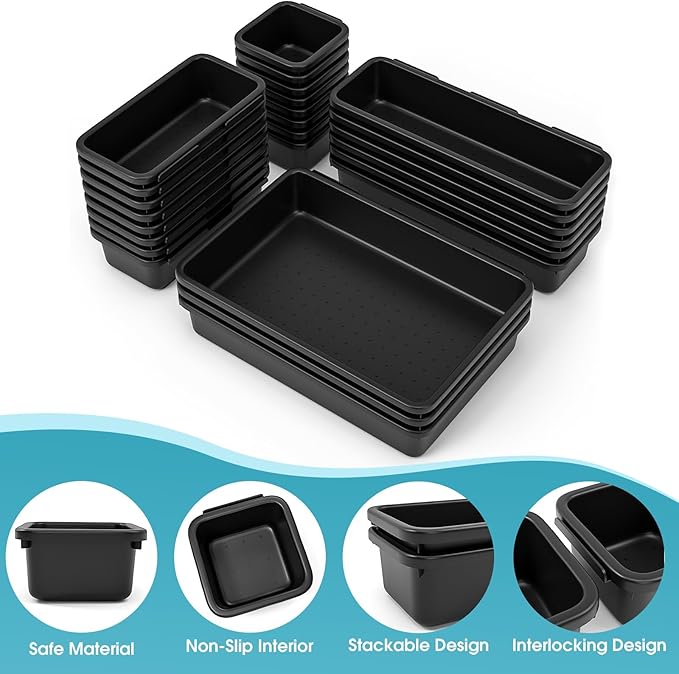 25 PCS Drawer Organizer Set, 4 Size Makeup Drawer Divider Organizer With Non-Slip Pads, Interlocking Plastic Storage Bins for Office,Jewelry Vanity,Gadgets, Bathroom,Kitchen, Black