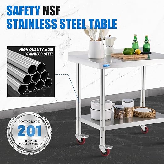 Stainless Steel Table for Prep & Work with 4 Caster Wheels with Backsplash 24 x 36 NSF Metal Commercial Kitchen Adjustable Under Shelf Worktable for Restaurant Home Outdoor