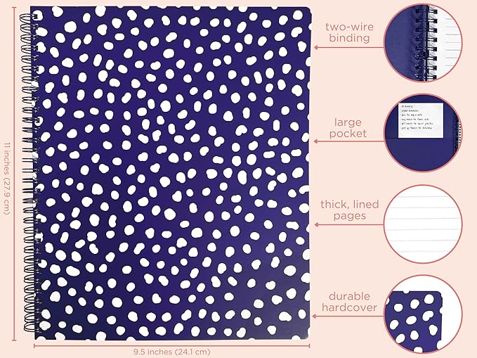 Steel Mill & Co Cute Large Spiral Notebook College Ruled, 11" x 9.5" with Durable Hardcover and 160 Lined Pages, Navy Dots