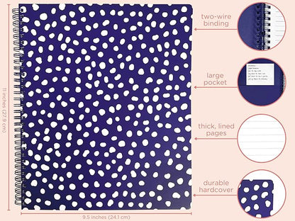 Steel Mill & Co Cute Large Spiral Notebook College Ruled, 11" x 9.5" with Durable Hardcover and 160 Lined Pages, Navy Dots