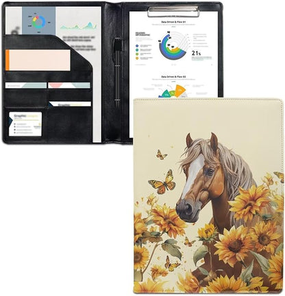 Cozeyat Sunflower Horse Clipboard Folder Portfolio, A4 Leather Padfolio Clipboard, Business Portfolio Clipboard Folder Professional Portfolio for Interview Resume Office Conference