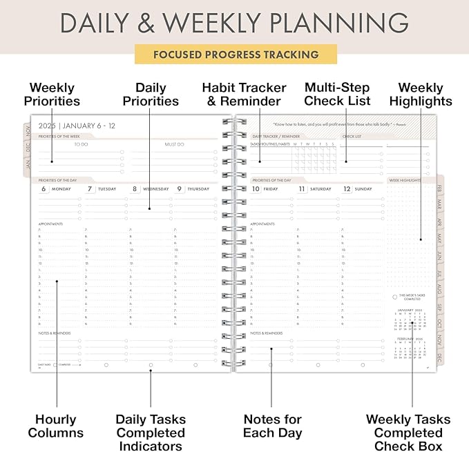 Essential PRO 2025 Daily, Weekly & Monthly Planner, 7"x9": 14 Months (Nov 2024 - Dec 2025) Monthly Tabs,Daily Tracking,Notes Pages,Storage Pocket,Bookmark w Sticky Notes (Tree Seasons)