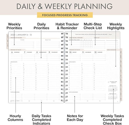 Essential PRO 2025 Daily, Weekly & Monthly Planner, 7"x9": 14 Months (Nov 2024 - Dec 2025) Monthly Tabs,Daily Tracking,Notes Pages,Storage Pocket,Bookmark w Sticky Notes (Tree Seasons)