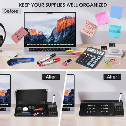 Varhomax Glass Desk Whiteboard Black with Calculator, Desktop Dry Erase White Board with Storage, to Do List Memo Notepad for Home and Office