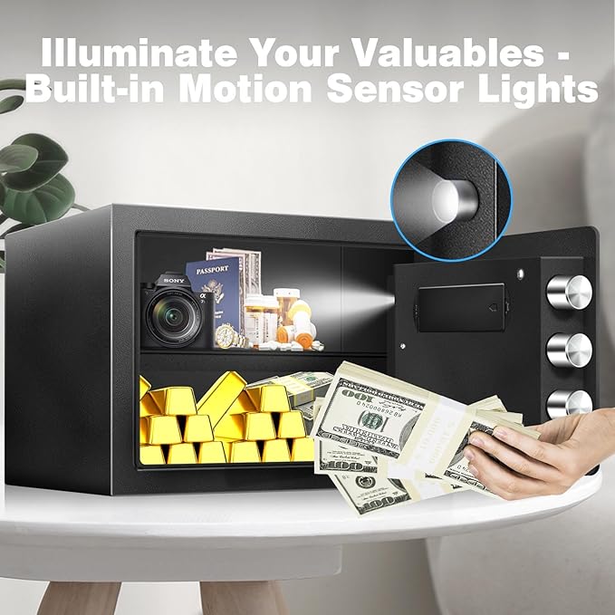 1.8 Cu Home Safe Box, Durable Digital Safe with Movable Partition, Smart Alarm, Silent Keypad Mode, and Motion Sensor Lights for Home, Office, Dorm, and Hotel Use