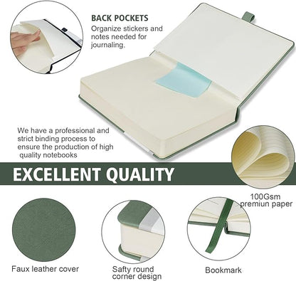 Lined Journal Notebook, 360 Numbered Pages(With page number), Thick Journal for Writing A5 College Ruled Notebook, 100gsm Lined Paper, Leather Hardcover, 5.75'' X 8.38''-Morandi Green