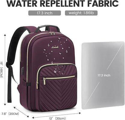 LOVEVOOK Laptop Backpack for Women 17.3 inch,Cute Womens Travel Backpack Purse,Professional Laptop Computer Bag,Waterproof Work Business College Teacher Bag Carry on Backpack with USB Port,Deep Purple