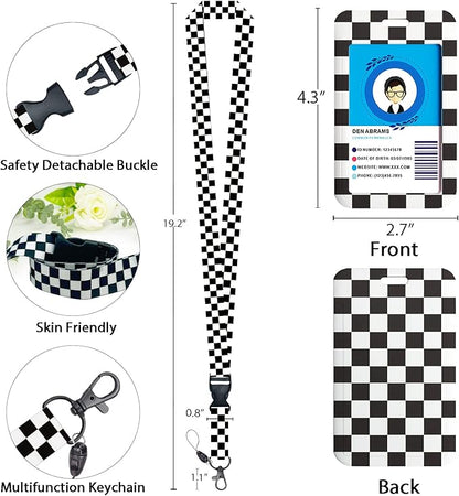Black and White Checkered Lanyards for Id Badges, Cute Badge Reel Heavy Duty with Carabiner Clip, Fashionable ID Badge Holder with Breakaway Lanyard, Teacher Nurse Office Christmas Gifts
